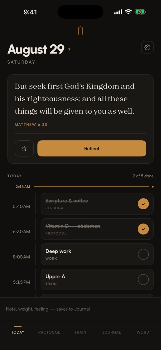 The Today screen: the verse, the session and the dose on one timeline.